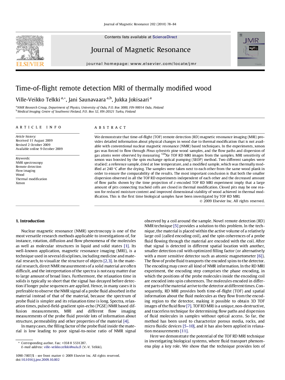 Time-of-flight remote detection MRI of thermally modified wood