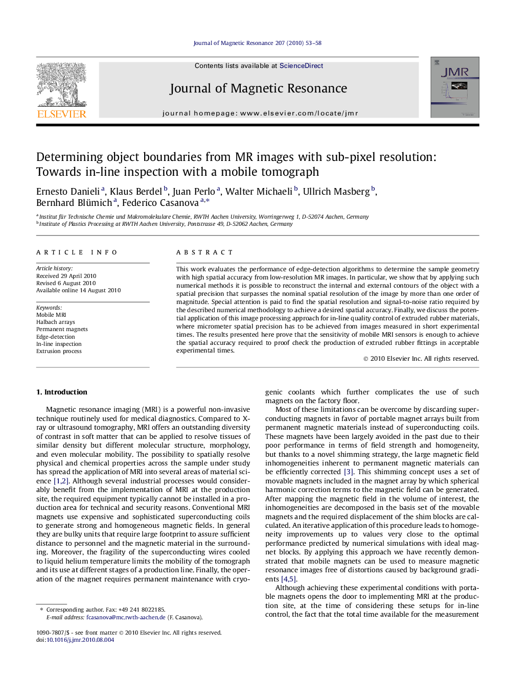 Determining object boundaries from MR images with sub-pixel resolution: Towards in-line inspection with a mobile tomograph