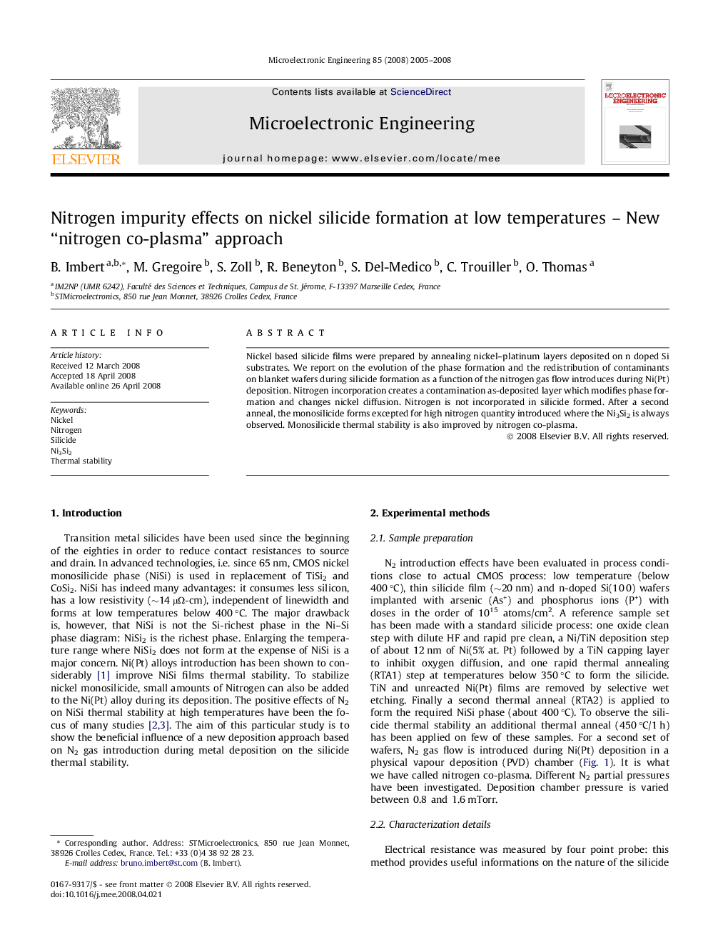 Nitrogen impurity effects on nickel silicide formation at low temperatures – New “nitrogen co-plasma” approach