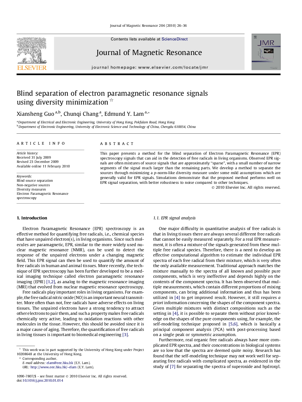 Blind separation of electron paramagnetic resonance signals using diversity minimization