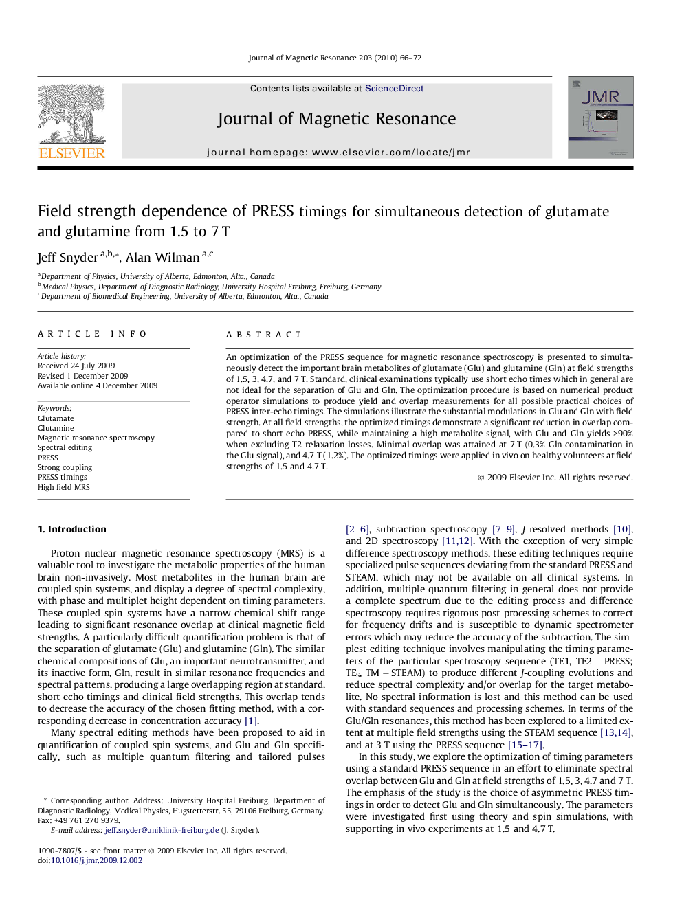 Field strength dependence of PRESS timings for simultaneous detection of glutamate and glutamine from 1.5 to 7Â T