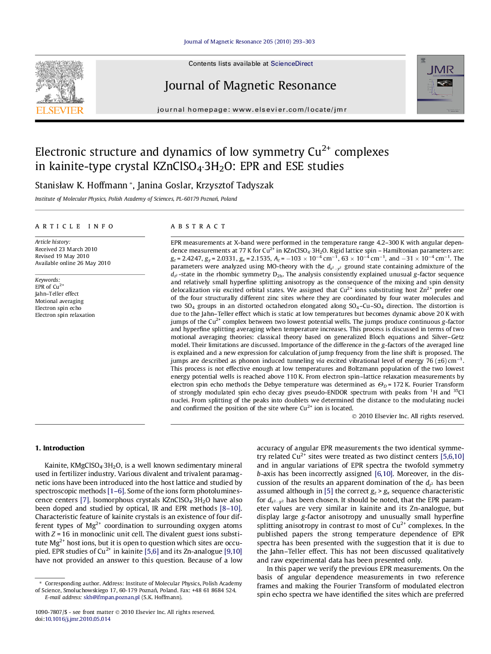 Electronic structure and dynamics of low symmetry Cu2+ complexes in kainite-type crystal KZnClSO4Â·3H2O: EPR and ESE studies