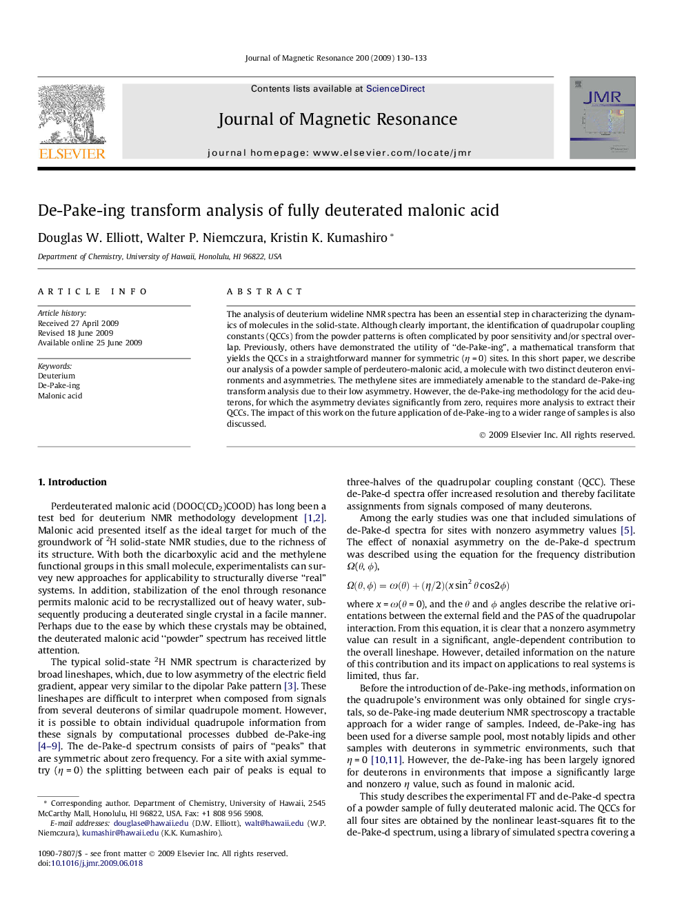 De-Pake-ing transform analysis of fully deuterated malonic acid