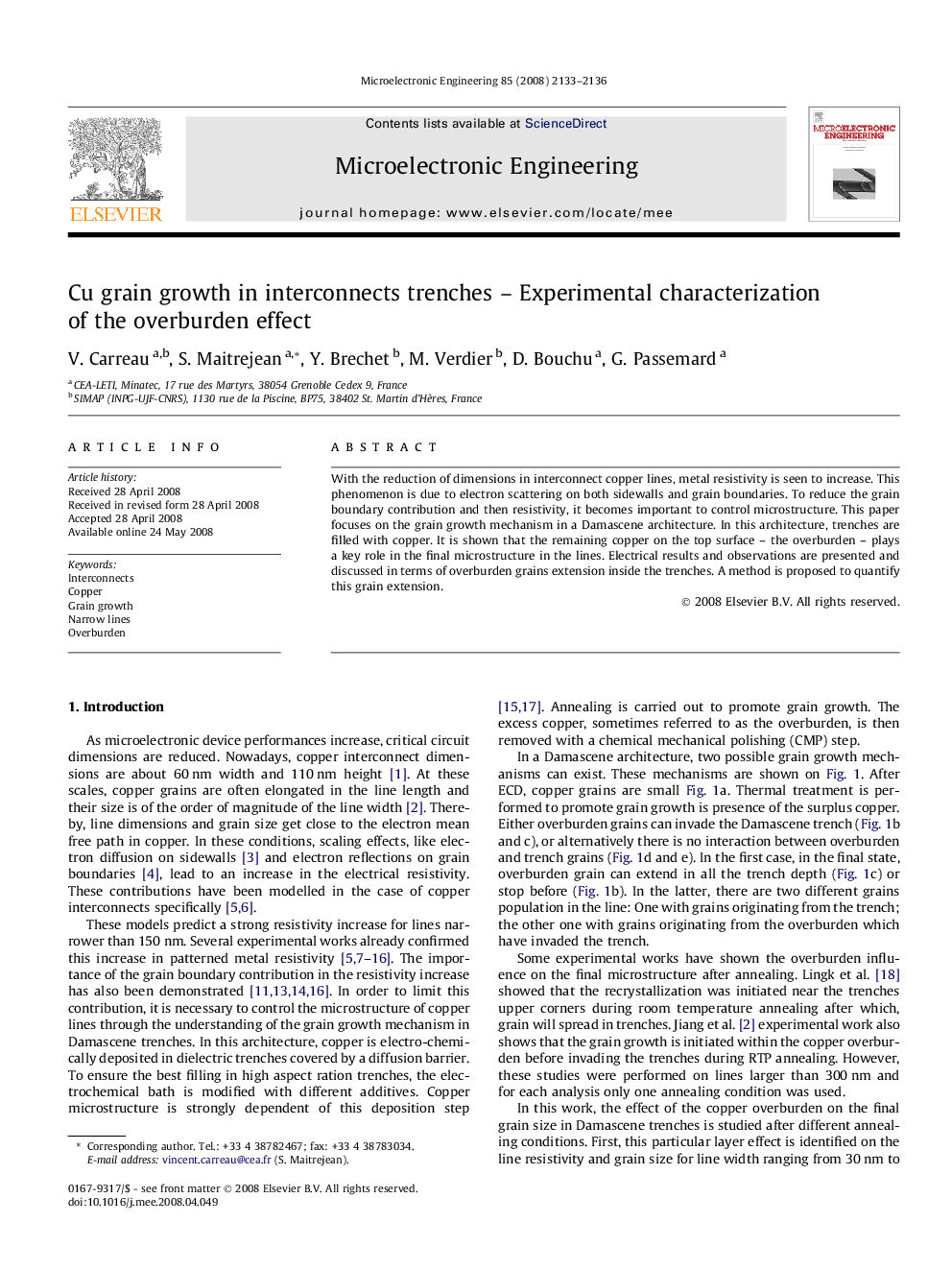 Cu grain growth in interconnects trenches – Experimental characterization of the overburden effect