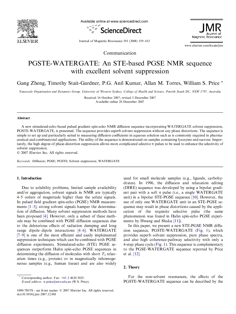 PGSTE-WATERGATE: An STE-based PGSE NMR sequence with excellent solvent suppression