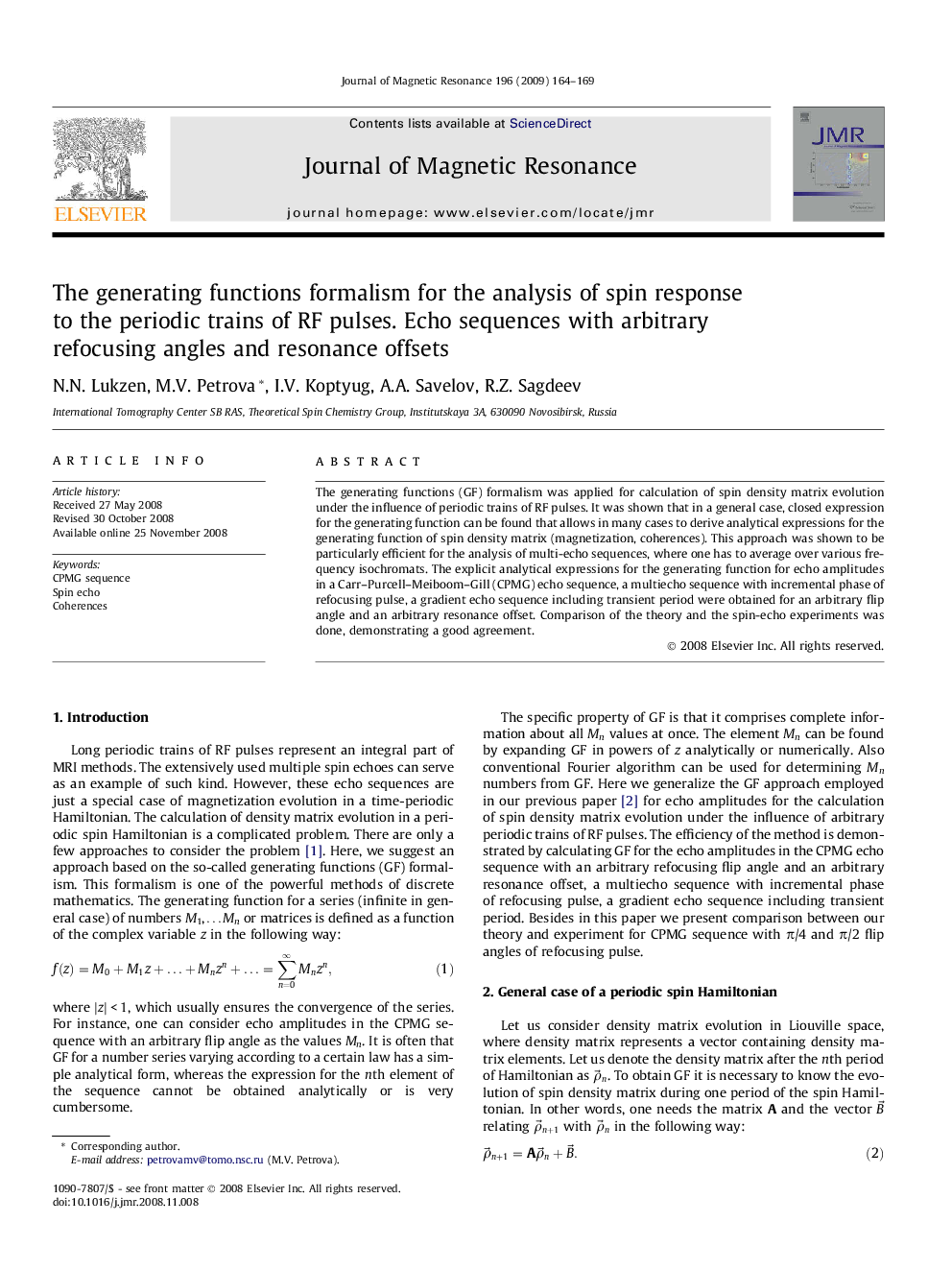 The generating functions formalism for the analysis of spin response to the periodic trains of RF pulses. Echo sequences with arbitrary refocusing angles and resonance offsets