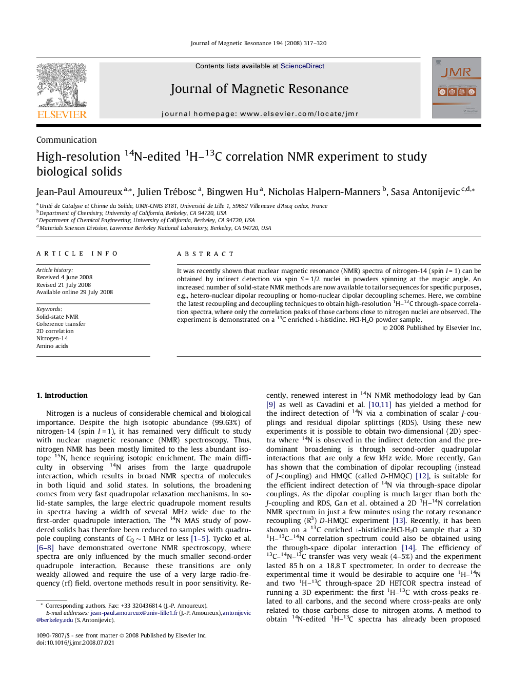 High-resolution 14N-edited 1H-13C correlation NMR experiment to study biological solids