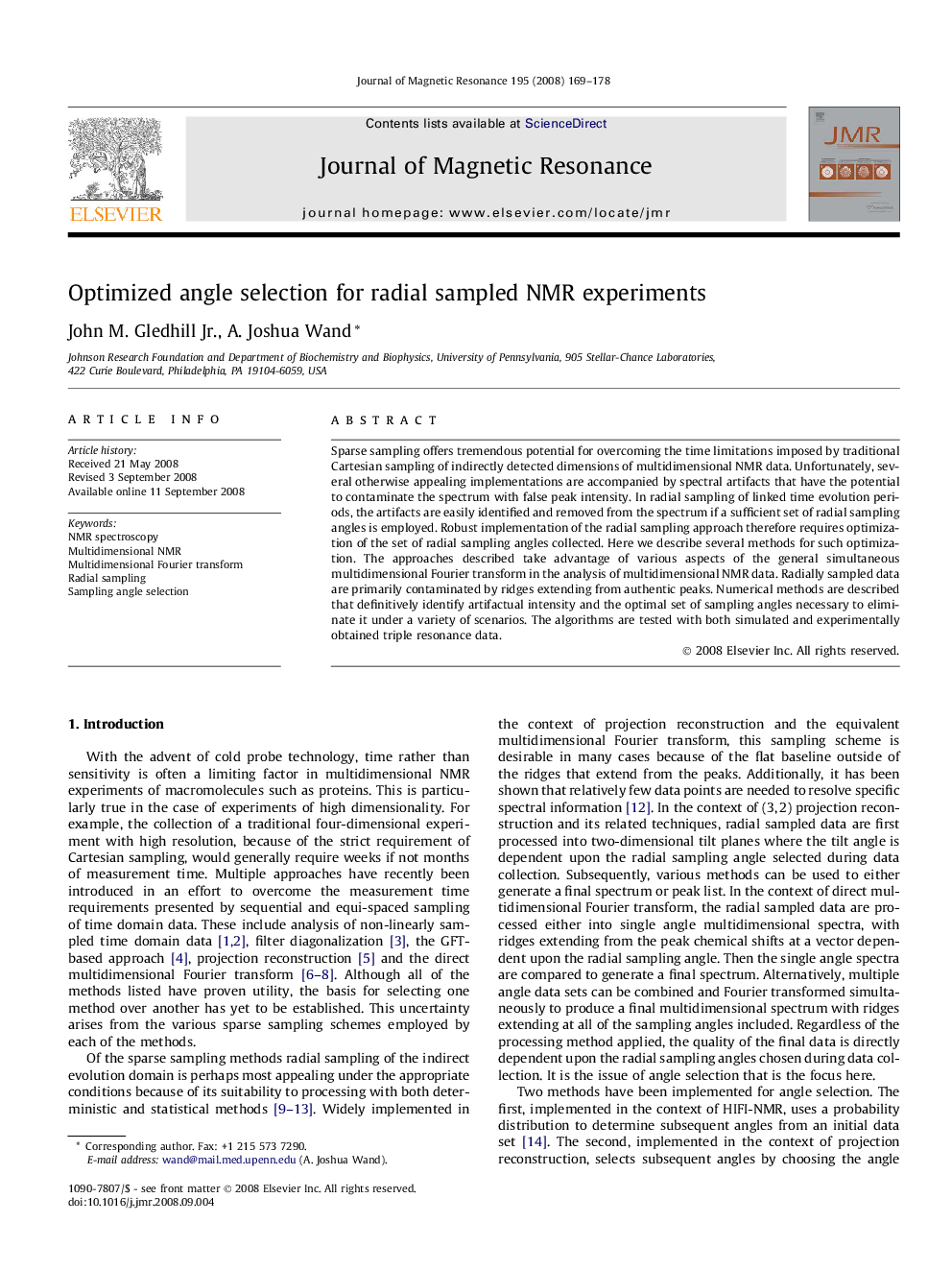 Optimized angle selection for radial sampled NMR experiments