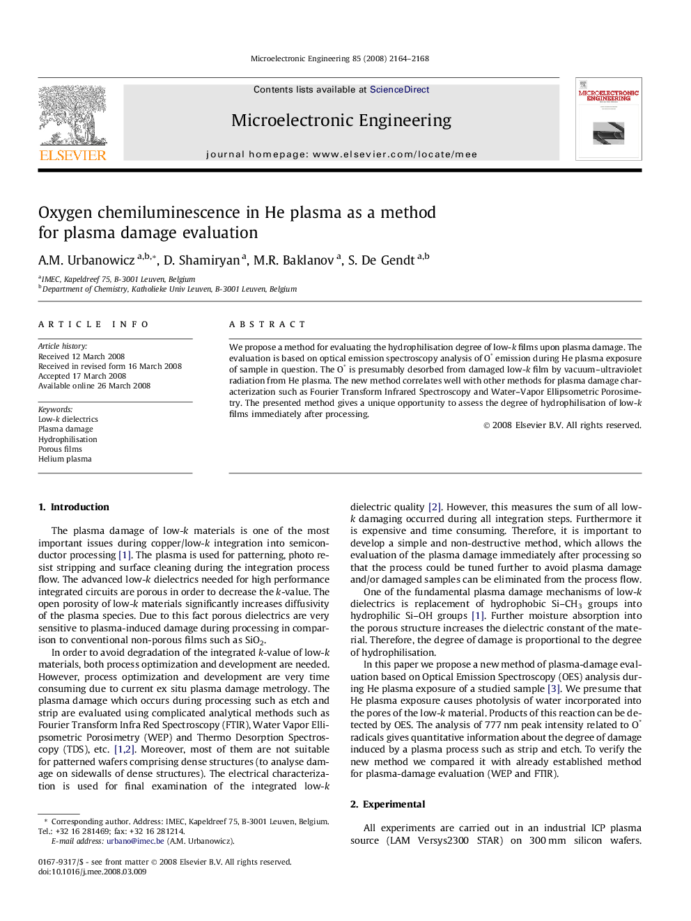 Oxygen chemiluminescence in He plasma as a method for plasma damage evaluation