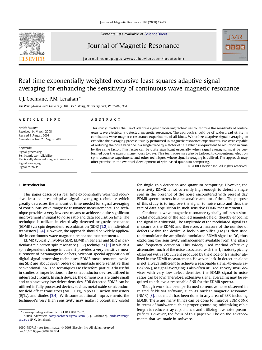 Real time exponentially weighted recursive least squares adaptive signal averaging for enhancing the sensitivity of continuous wave magnetic resonance