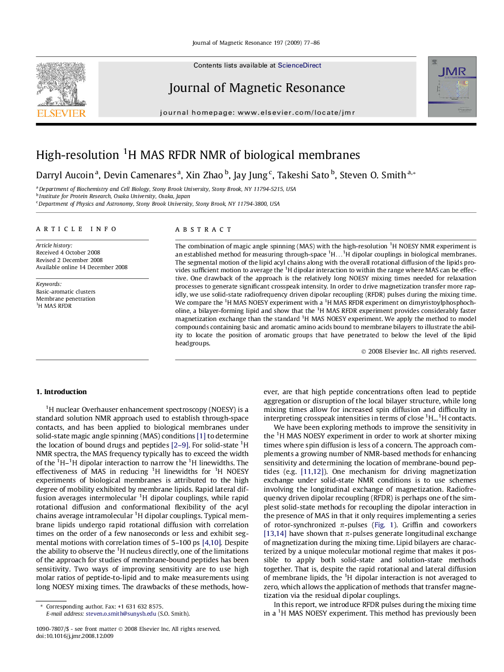 High-resolution 1H MAS RFDR NMR of biological membranes