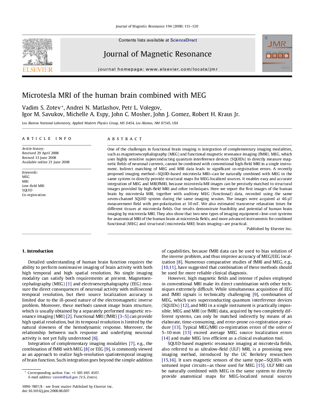 Microtesla MRI of the human brain combined with MEG