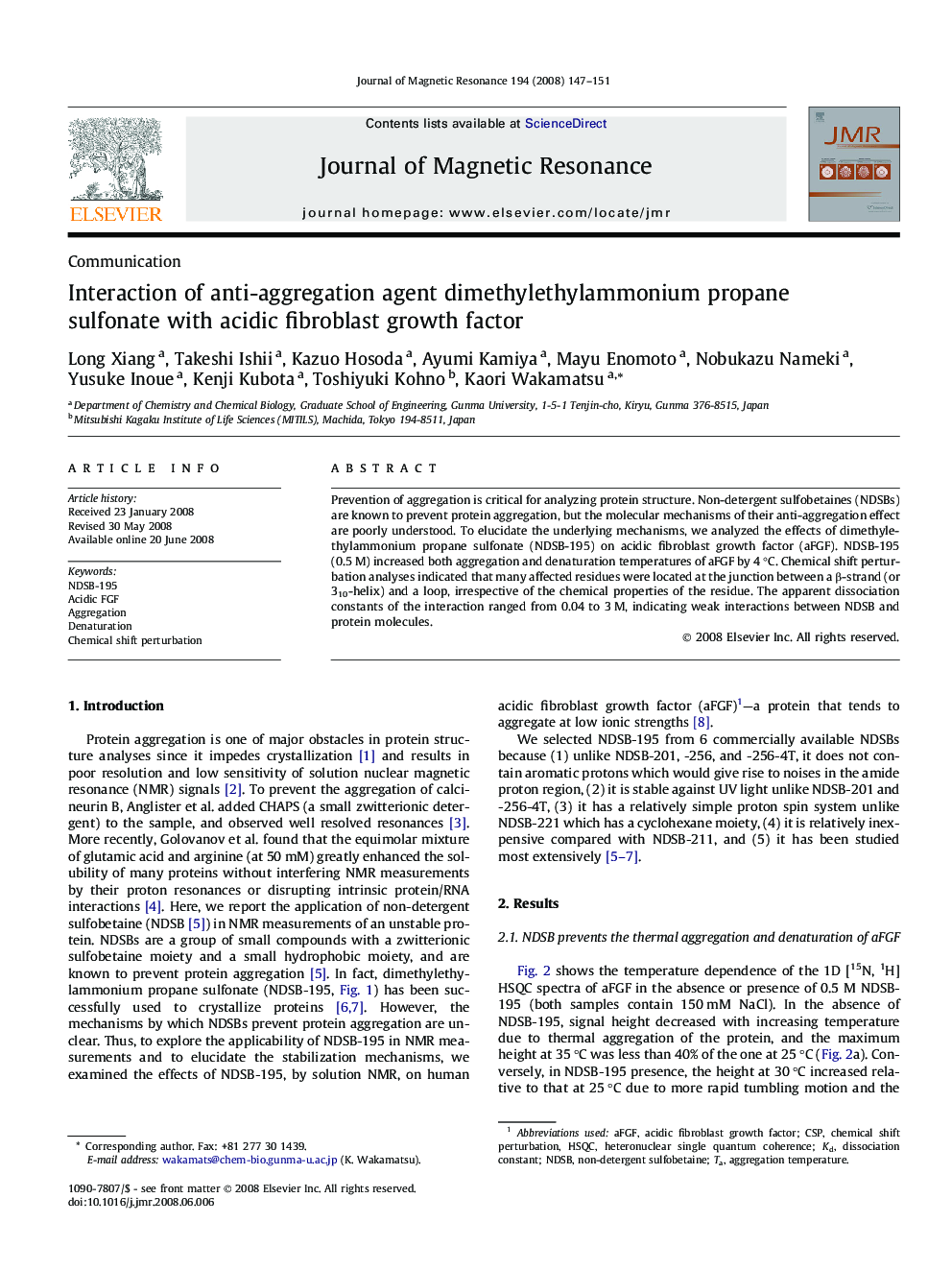 Interaction of anti-aggregation agent dimethylethylammonium propane sulfonate with acidic fibroblast growth factor