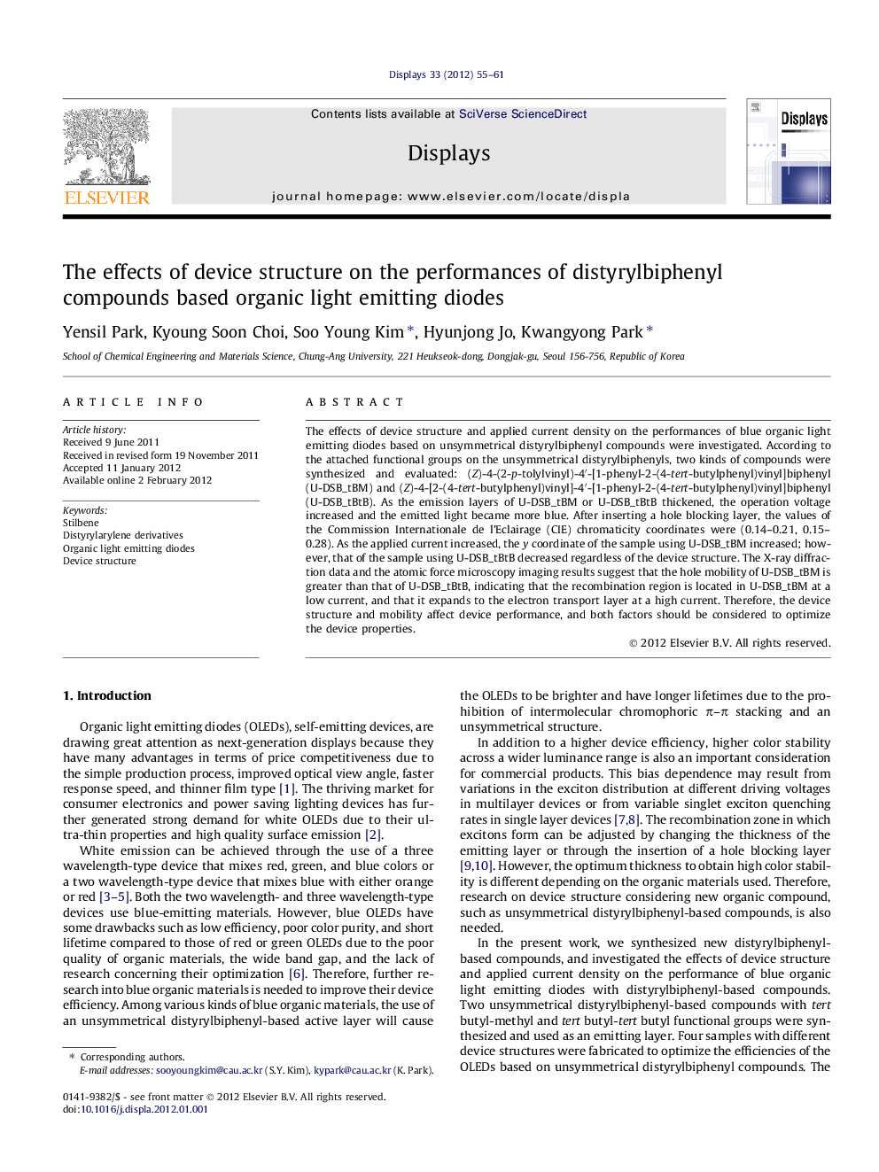 The effects of device structure on the performances of distyrylbiphenyl compounds based organic light emitting diodes