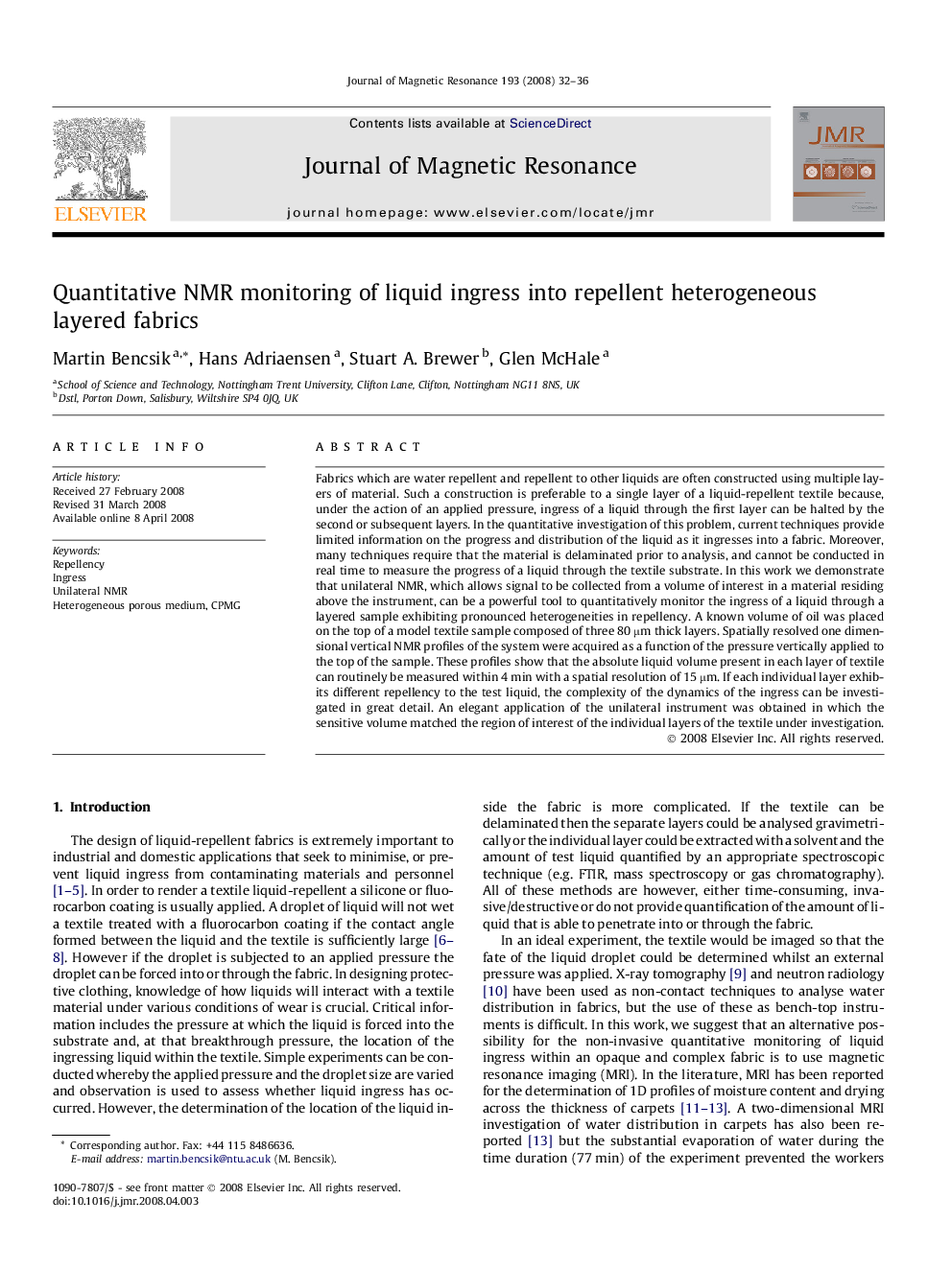 Quantitative NMR monitoring of liquid ingress into repellent heterogeneous layered fabrics