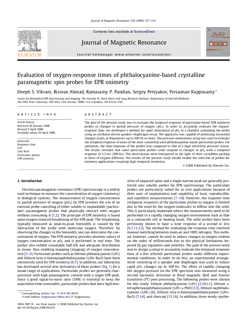 عکس صفحه اول مقاله: Evaluation of oxygen-response times of phthalocyanine-based crystalline paramagnetic spin probes for EPR oximetry Evaluation of oxygen-response times of phthalocyanine-based crystalline paramagnetic spin probes for EPR oximetry