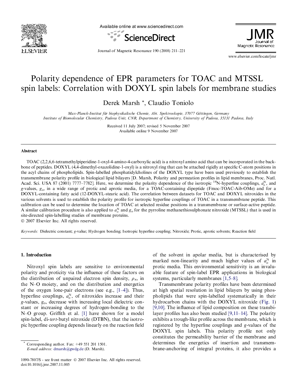 Polarity dependence of EPR parameters for TOAC and MTSSL spin labels: Correlation with DOXYL spin labels for membrane studies