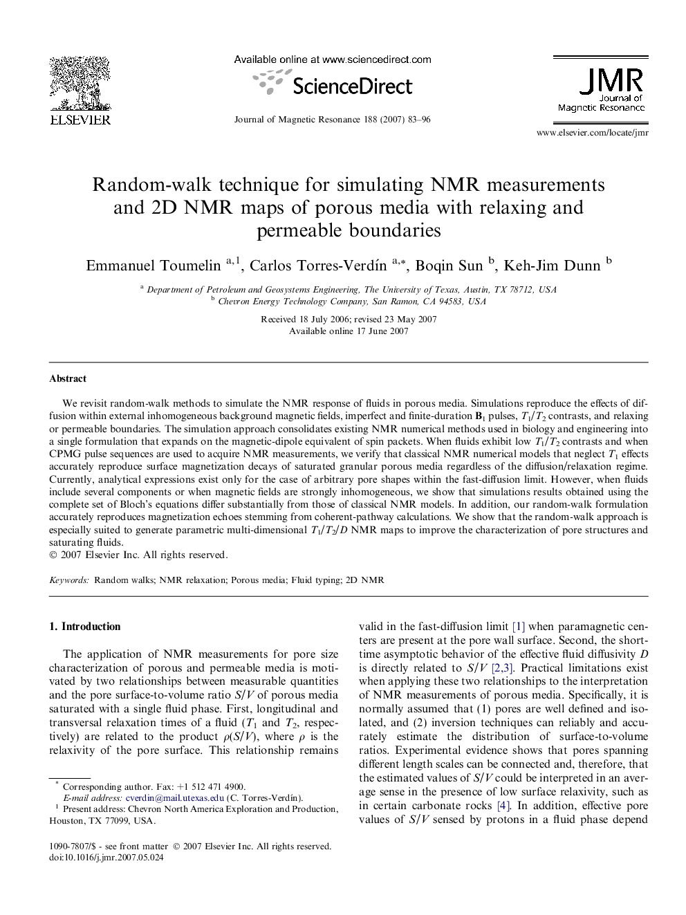 Random-walk technique for simulating NMR measurements and 2D NMR maps of porous media with relaxing and permeable boundaries