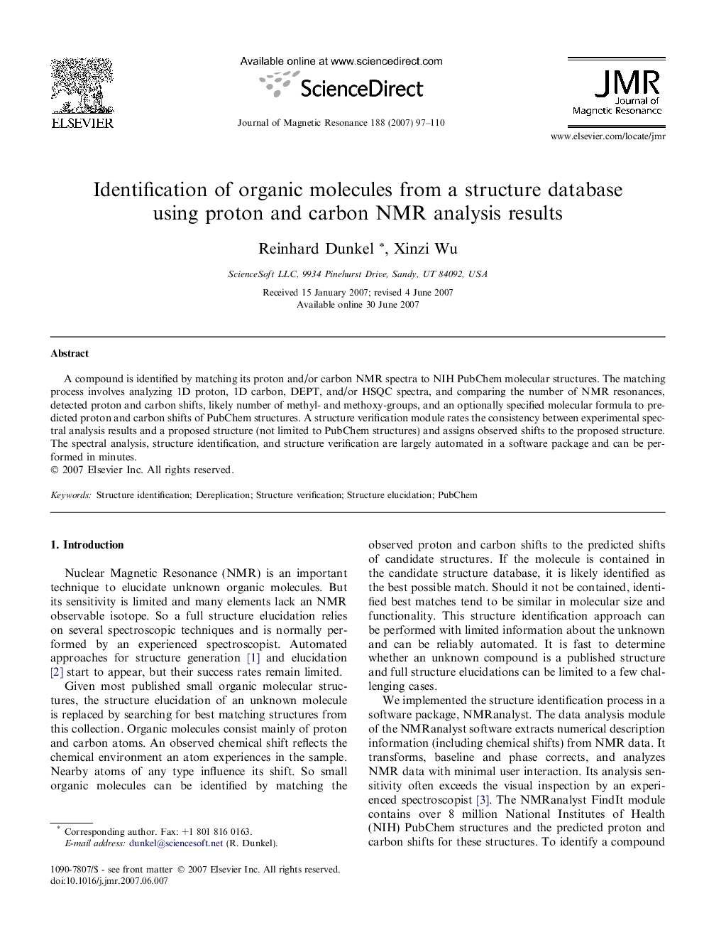 Identification of organic molecules from a structure database using proton and carbon NMR analysis results