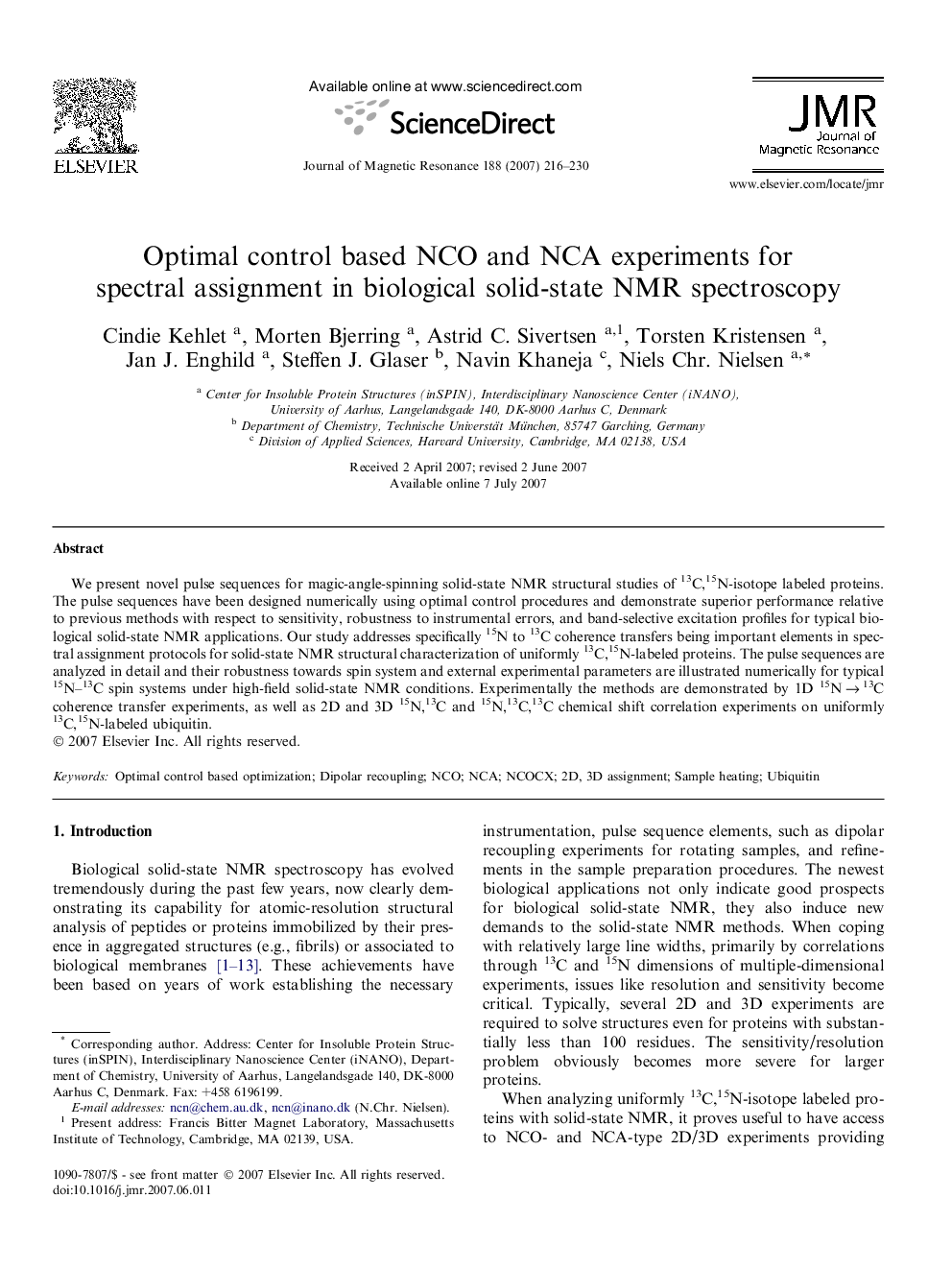 Optimal control based NCO and NCA experiments for spectral assignment in biological solid-state NMR spectroscopy