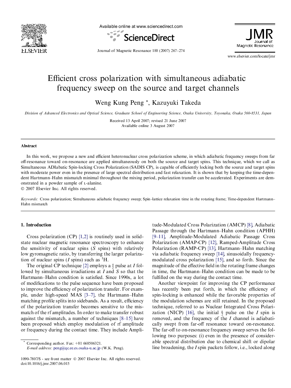 Efficient cross polarization with simultaneous adiabatic frequency sweep on the source and target channels