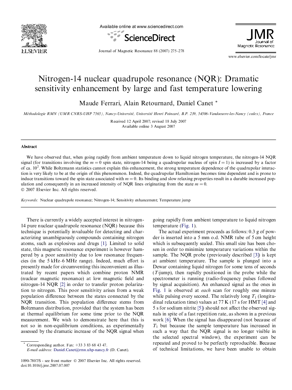 Nitrogen-14 nuclear quadrupole resonance (NQR): Dramatic sensitivity enhancement by large and fast temperature lowering