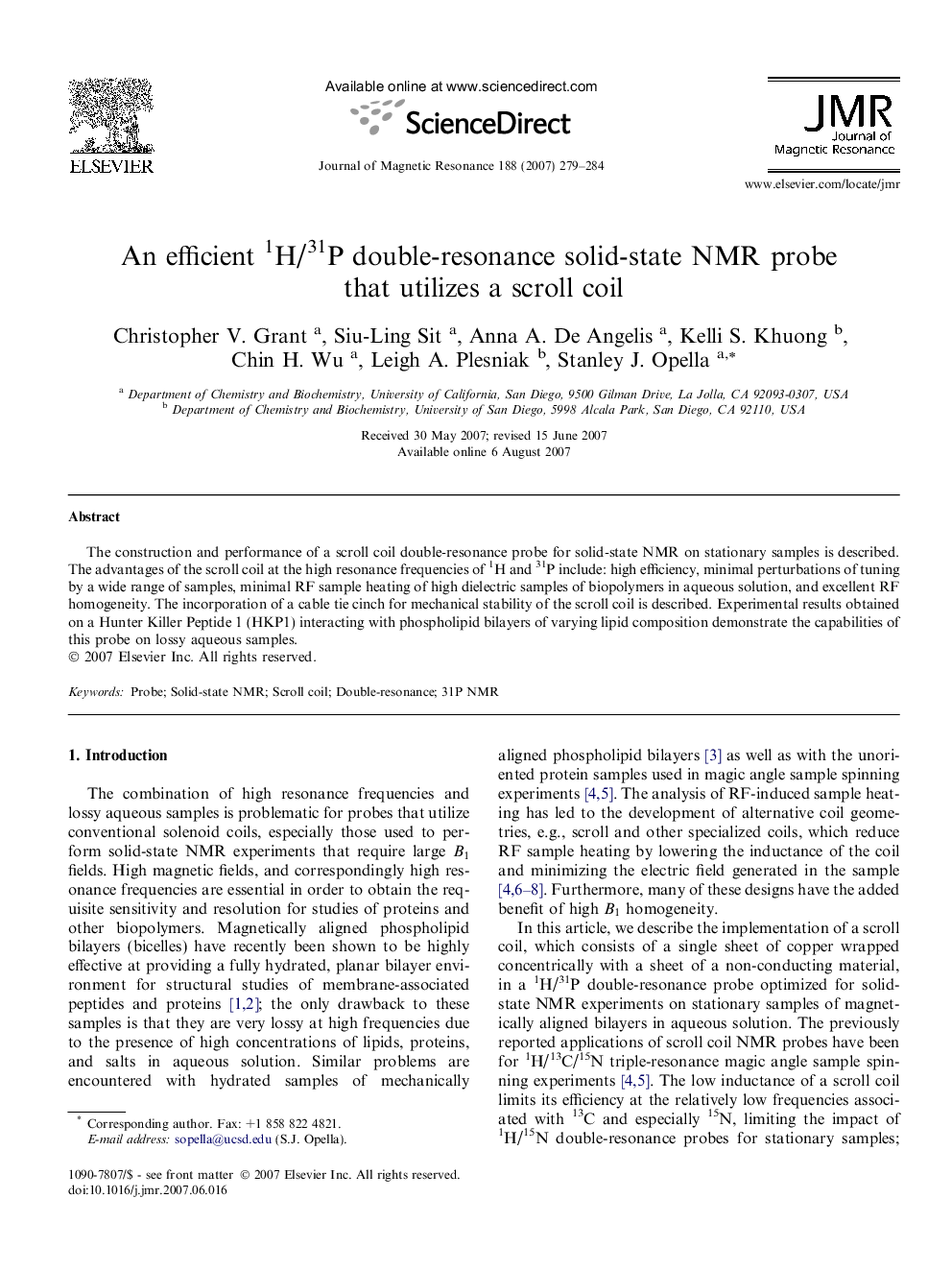 An efficient 1H/31P double-resonance solid-state NMR probe that utilizes a scroll coil