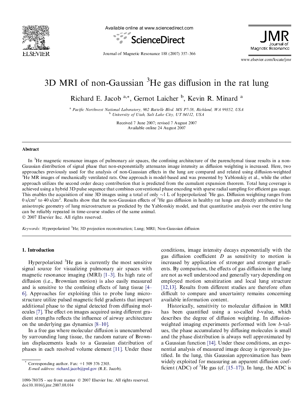 3D MRI of non-Gaussian 3He gas diffusion in the rat lung