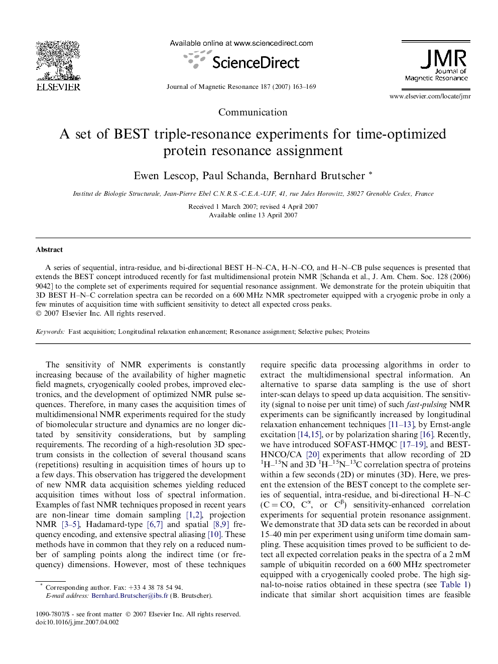 A set of BEST triple-resonance experiments for time-optimized protein resonance assignment