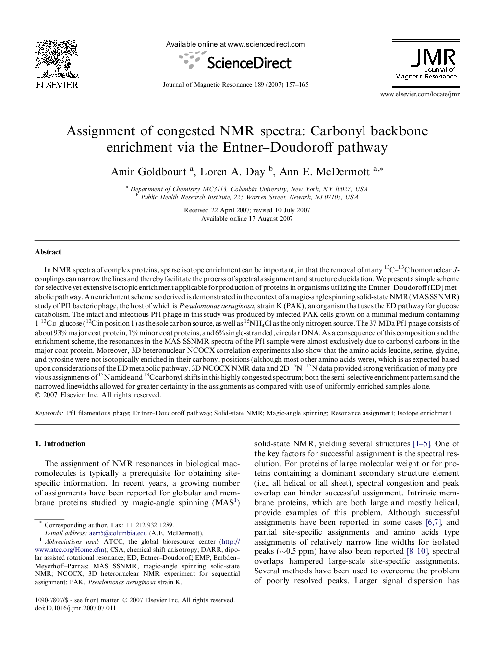 Assignment of congested NMR spectra: Carbonyl backbone enrichment via the Entner-Doudoroff pathway