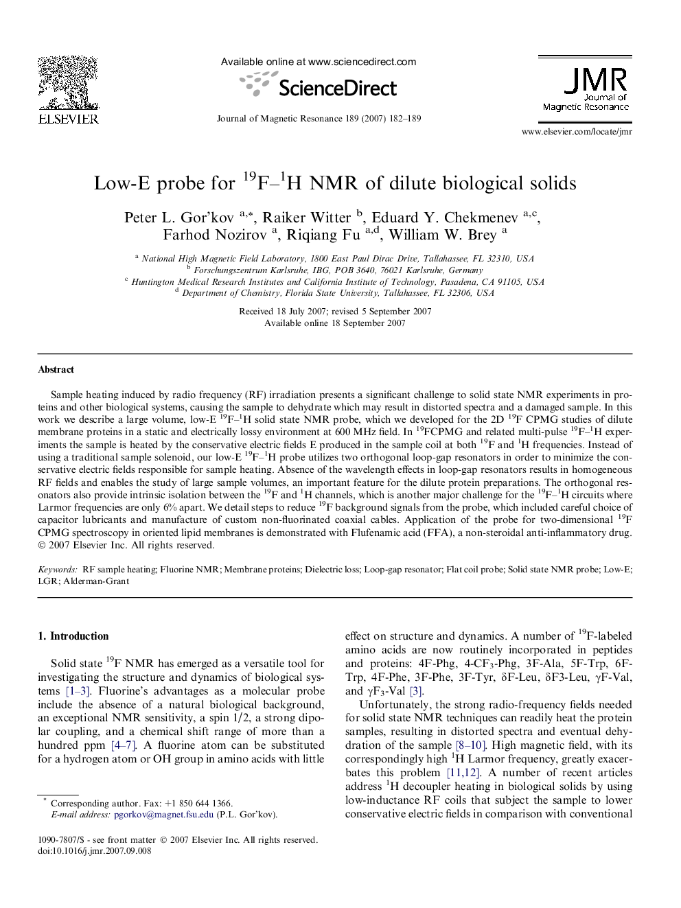 Low-E probe for 19F-1H NMR of dilute biological solids