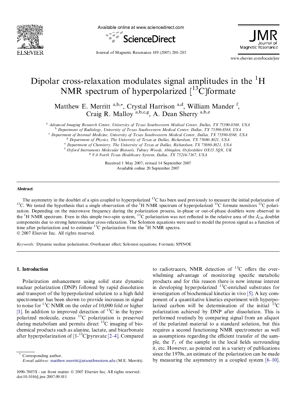 Dipolar cross-relaxation modulates signal amplitudes in the 1H NMR spectrum of hyperpolarized [13C]formate