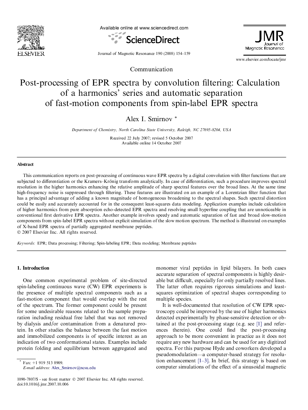 Post-processing of EPR spectra by convolution filtering: Calculation of a harmonics' series and automatic separation of fast-motion components from spin-label EPR spectra