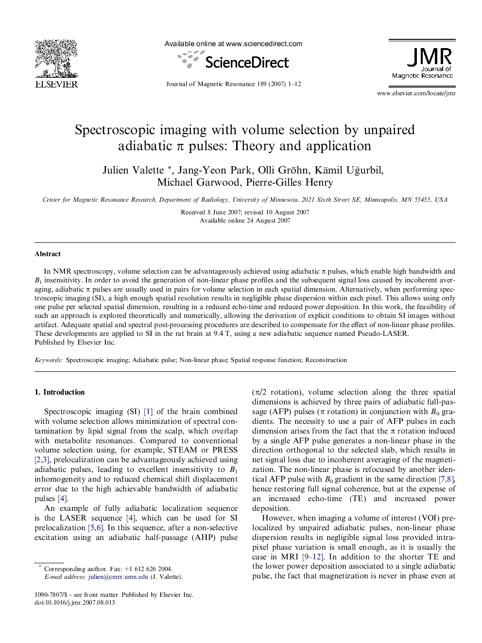 Spectroscopic imaging with volume selection by unpaired adiabatic Ï pulses: Theory and application