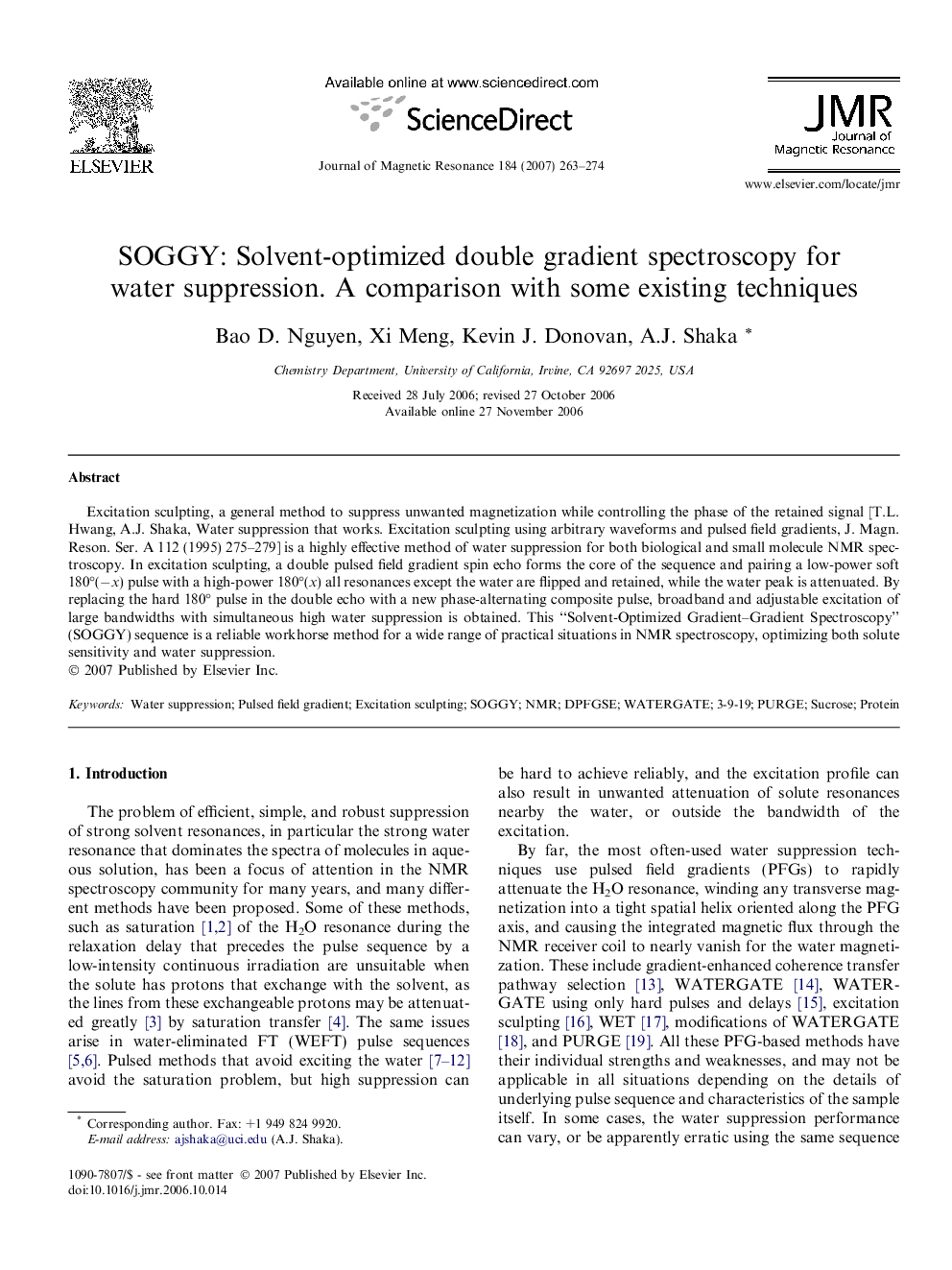 SOGGY: Solvent-optimized double gradient spectroscopy for water suppression. A comparison with some existing techniques