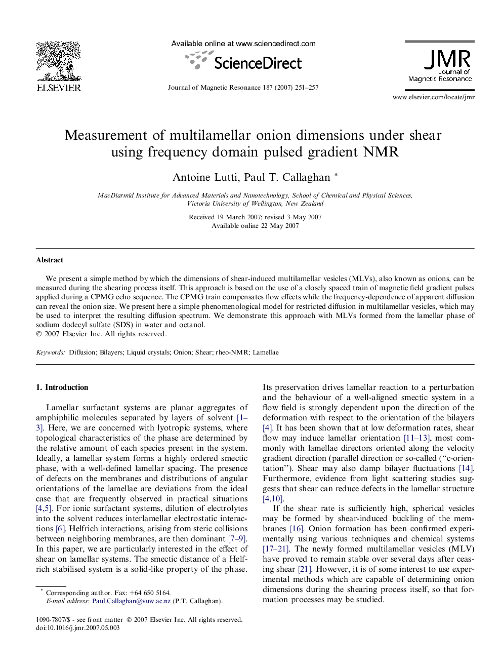 Measurement of multilamellar onion dimensions under shear using frequency domain pulsed gradient NMR