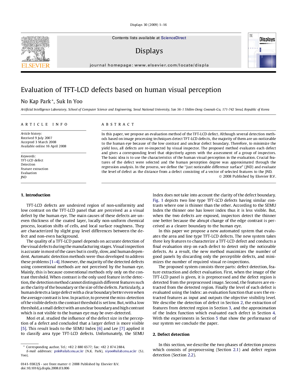 Evaluation of TFT-LCD defects based on human visual perception