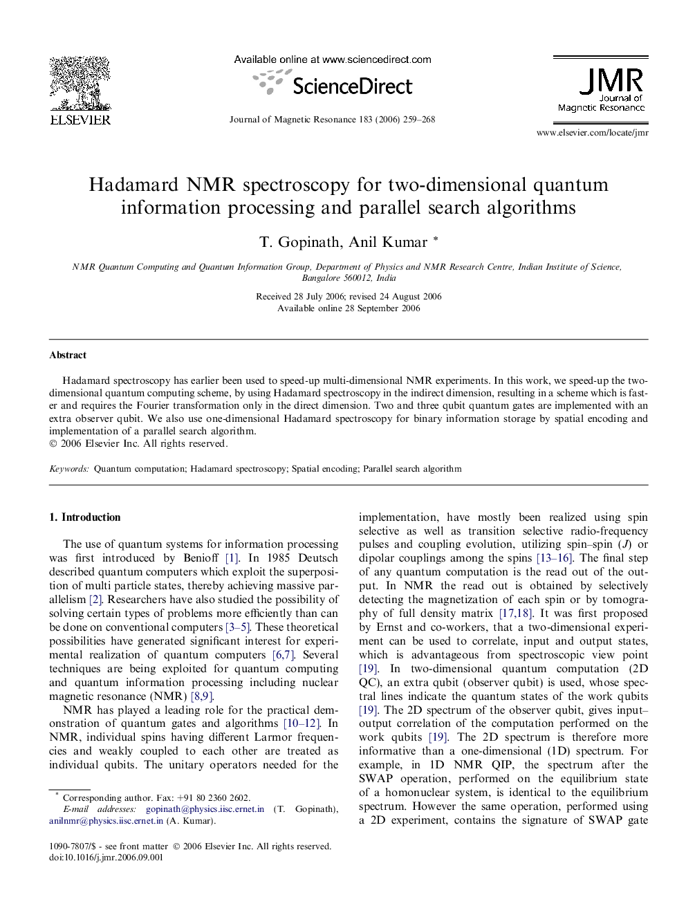 Hadamard NMR spectroscopy for two-dimensional quantum information processing and parallel search algorithms