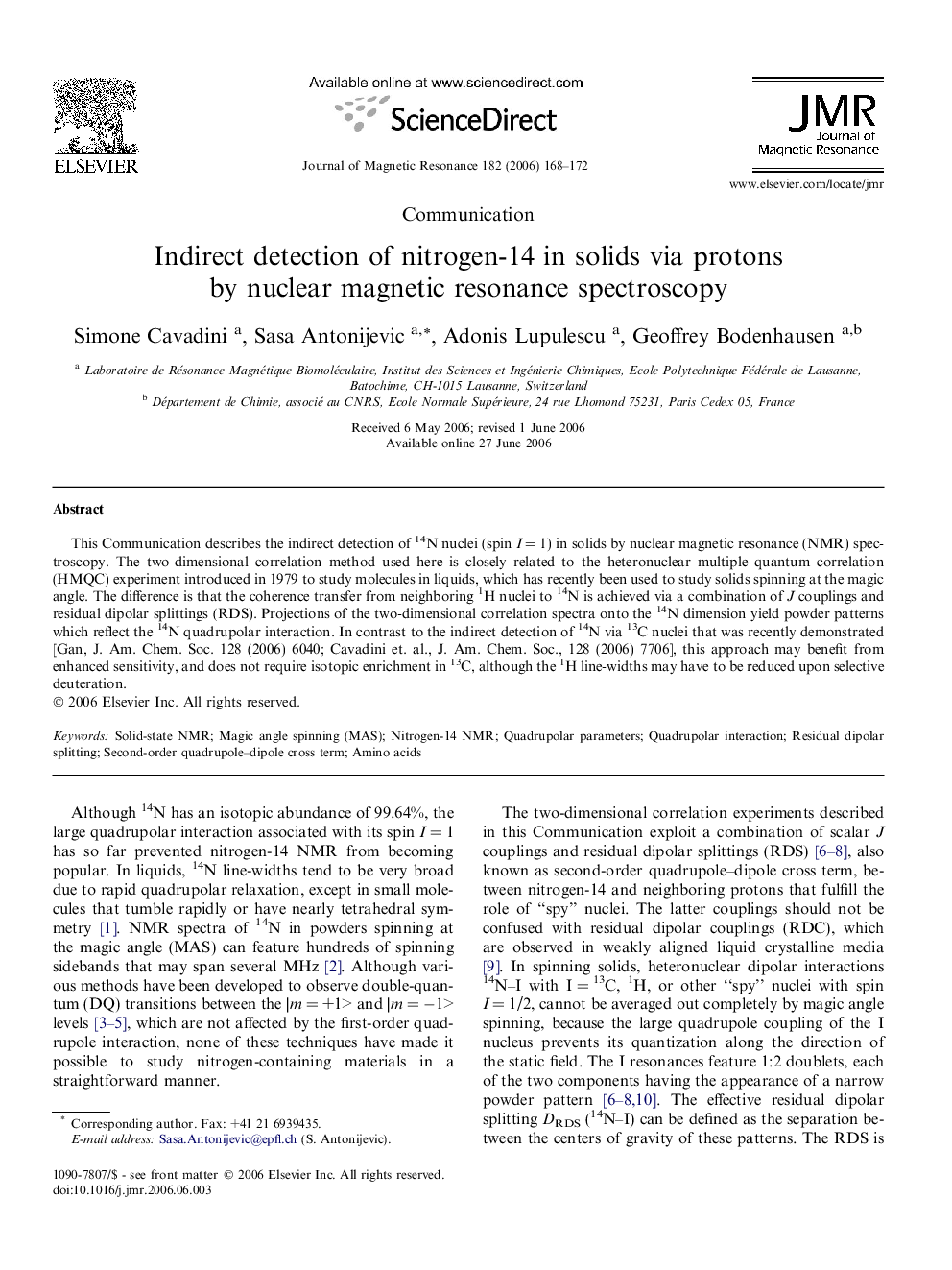 Indirect detection of nitrogen-14 in solids via protons by nuclear magnetic resonance spectroscopy