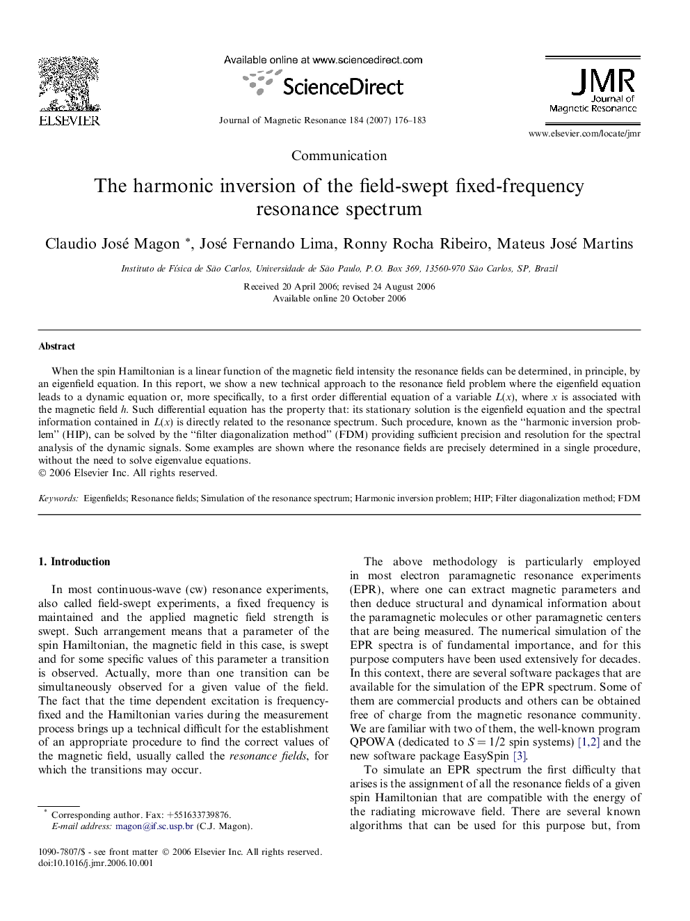 The harmonic inversion of the field-swept fixed-frequency resonance spectrum