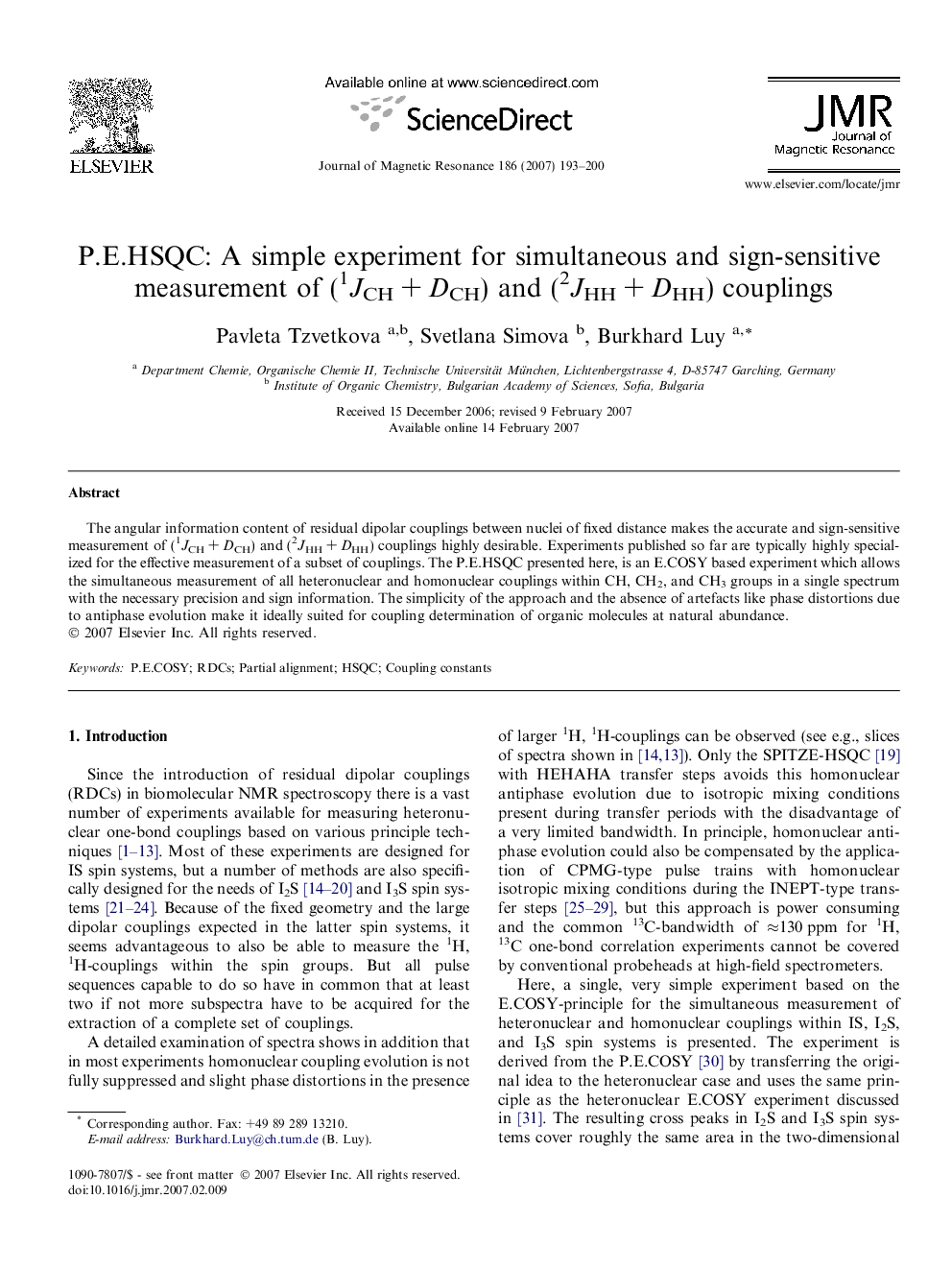 P.E.HSQC: A simple experiment for simultaneous and sign-sensitive measurement of (1JCHÂ +Â DCH) and (2JHHÂ +Â DHH) couplings