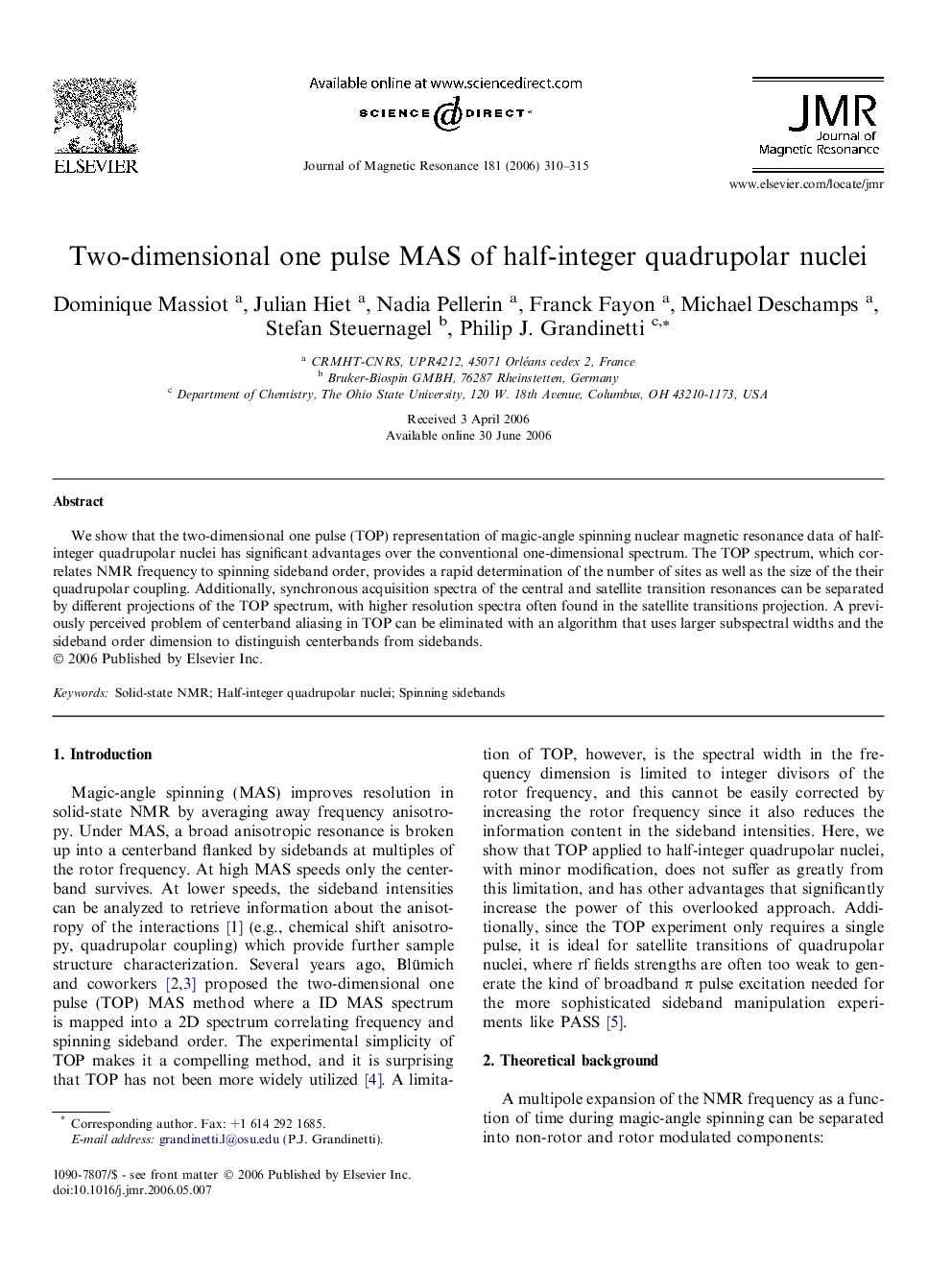 Two-dimensional one pulse MAS of half-integer quadrupolar nuclei