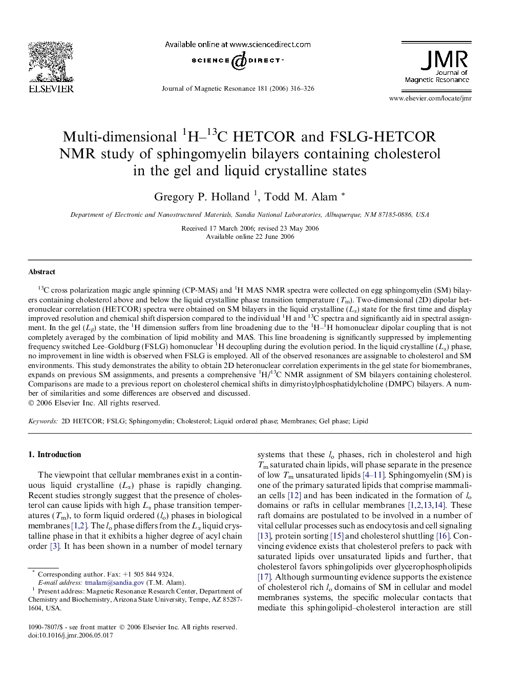 Multi-dimensional 1H-13C HETCOR and FSLG-HETCOR NMR study of sphingomyelin bilayers containing cholesterol in the gel and liquid crystalline states