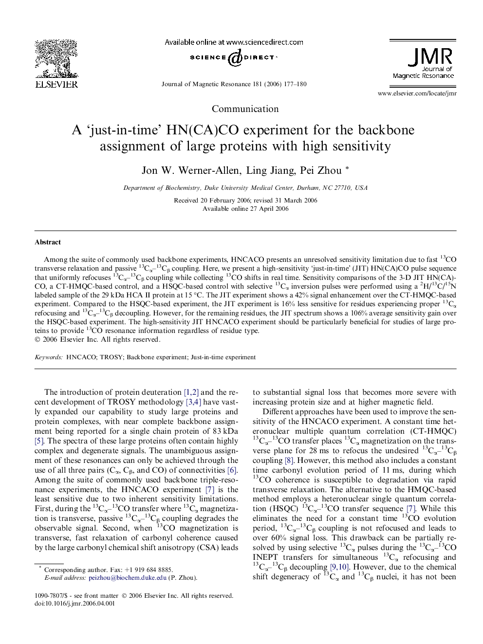 A 'just-in-time' HN(CA)CO experiment for the backbone assignment of large proteins with high sensitivity