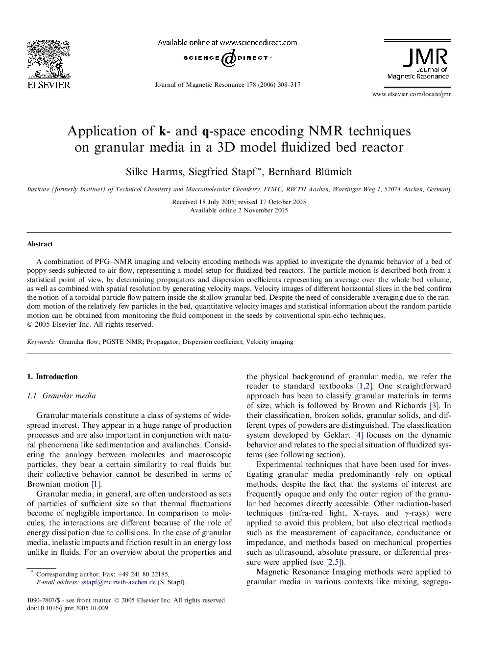 Application of k- and q-space encoding NMR techniques on granular media in a 3D model fluidized bed reactor