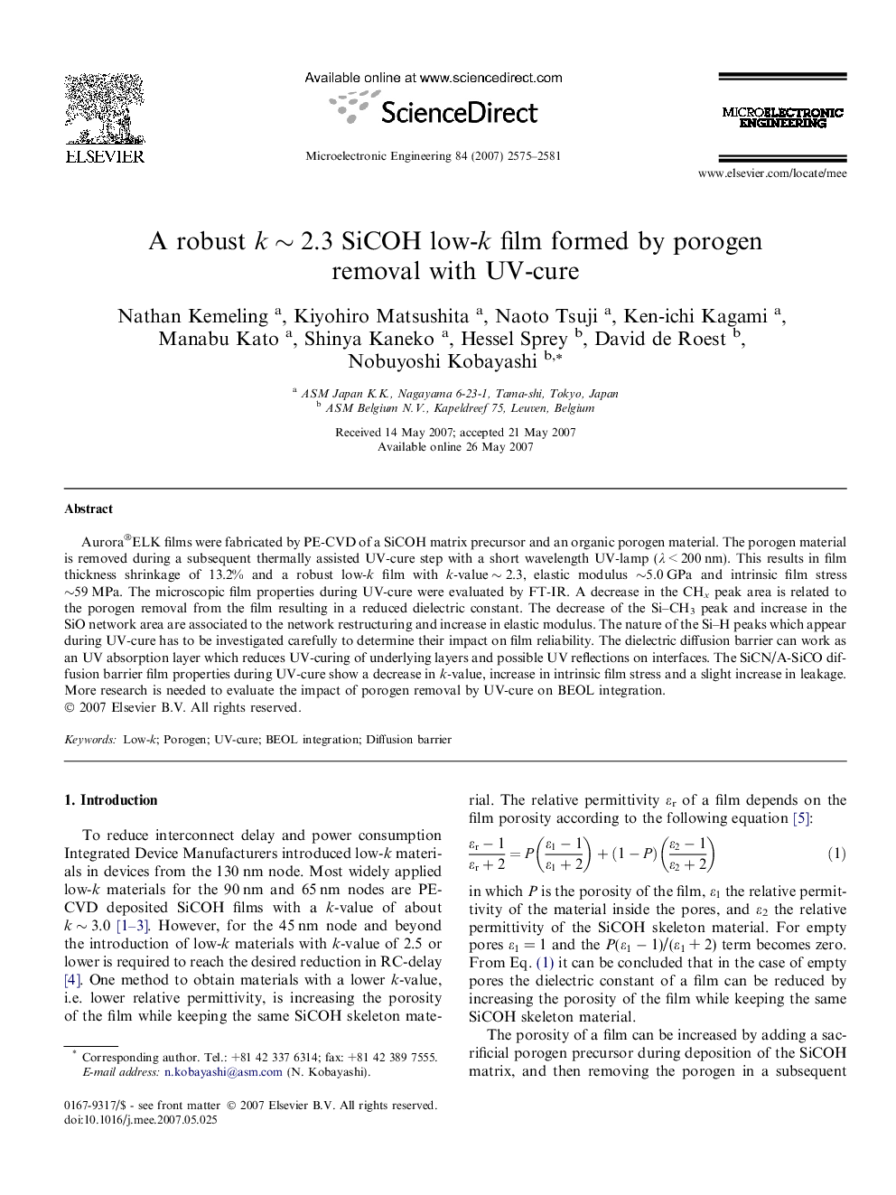 A robust k ∼ 2.3 SiCOH low-k film formed by porogen removal with UV-cure