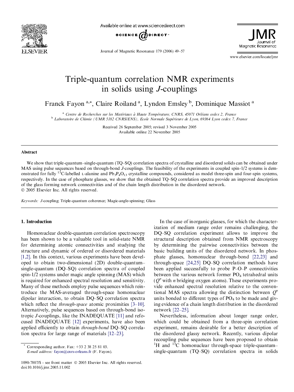 Triple-quantum correlation NMR experiments in solids using J-couplings