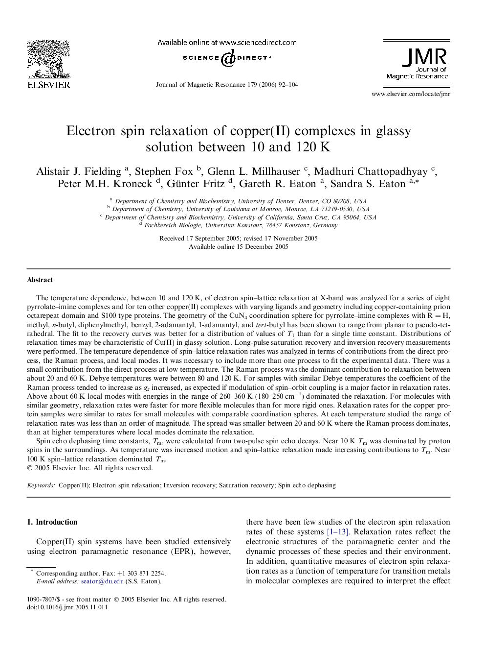 Electron spin relaxation of copper(II) complexes in glassy solution between 10 and 120Â K