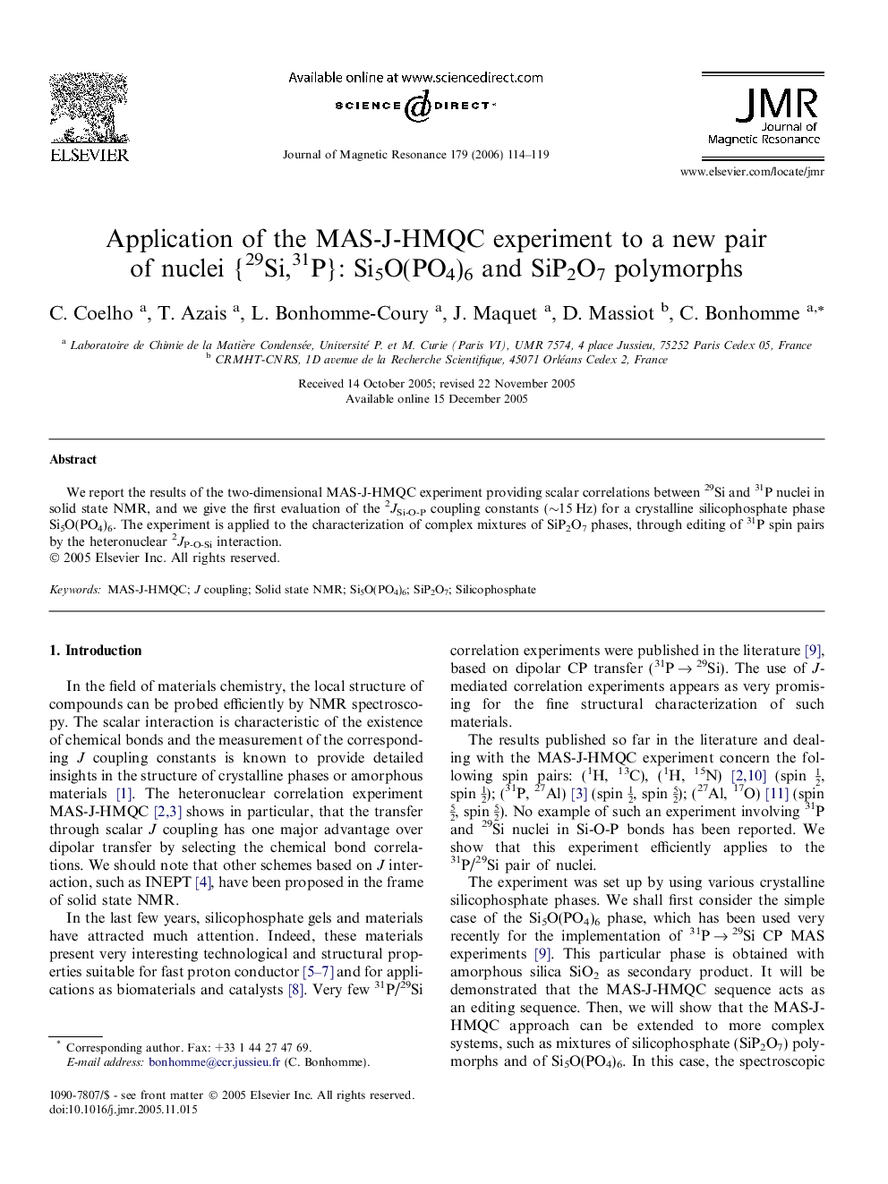 Application of the MAS-J-HMQC experiment to a new pair of nuclei {29Si,31P}: Si5O(PO4)6 and SiP2O7 polymorphs