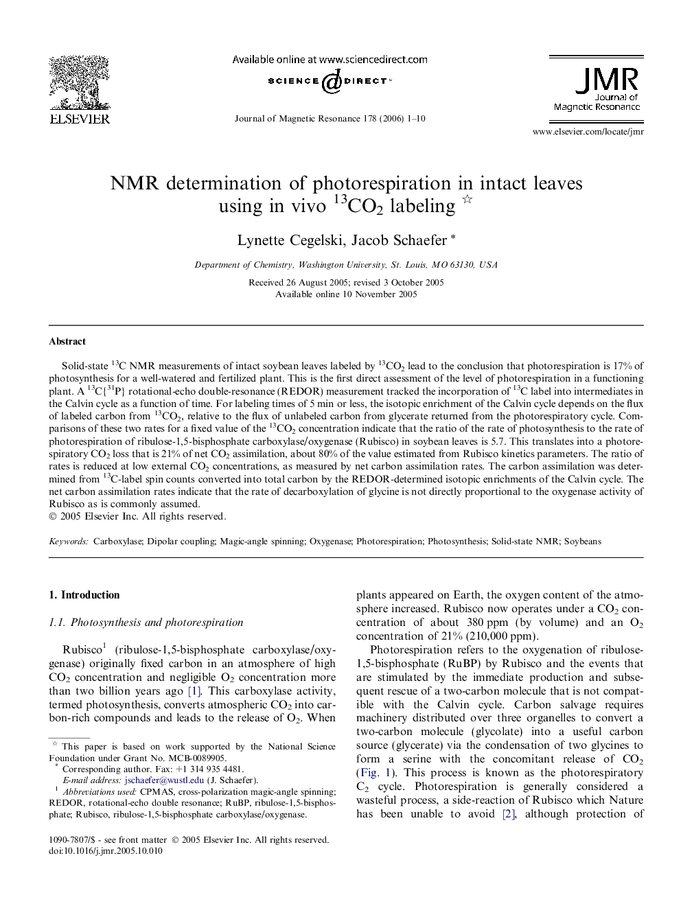 NMR determination of photorespiration in intact leaves using in vivo 13CO2 labeling